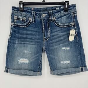 Miss Me Jeans Women's Size 27 Boyfriend Denim Shorts Cuffed Distressed Med Blue